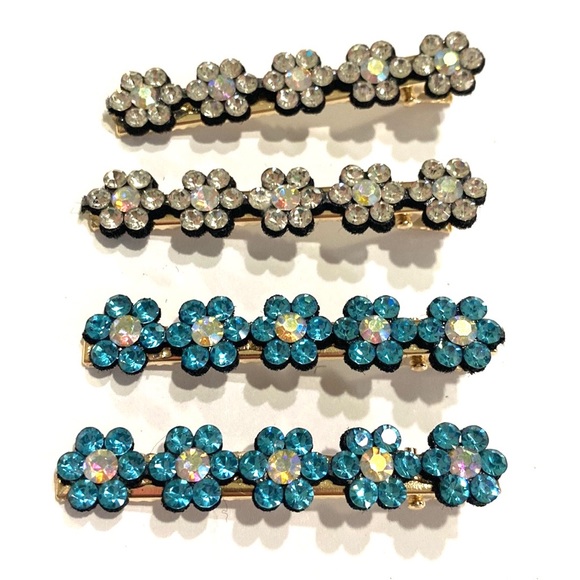 Hair Clips Clear And Blue Rhinestone Flowers Gold Tone Set Of 4 - Picture 2 of 4